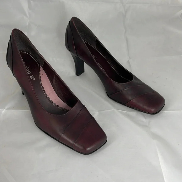 VINTAGE Y2K Spring Square Toe Pumps Wine Maroon Genuine Leather Shoes Heels 36 - Picture 13 of 13